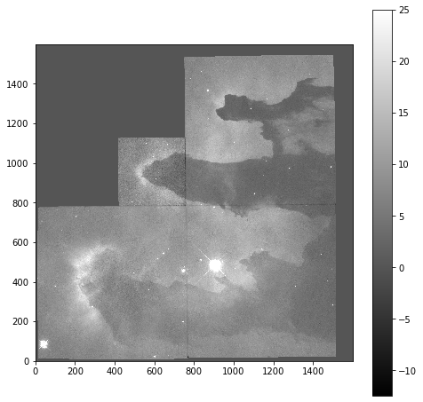 Nebulae image in greyscale, with a photon count limit of 25. Collage of images showing the shape of the nebulae