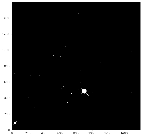 Nebulae mask image in greyscale, with a photon count limit of 25. A black background, with a few bright dots where the limit is exceeded.