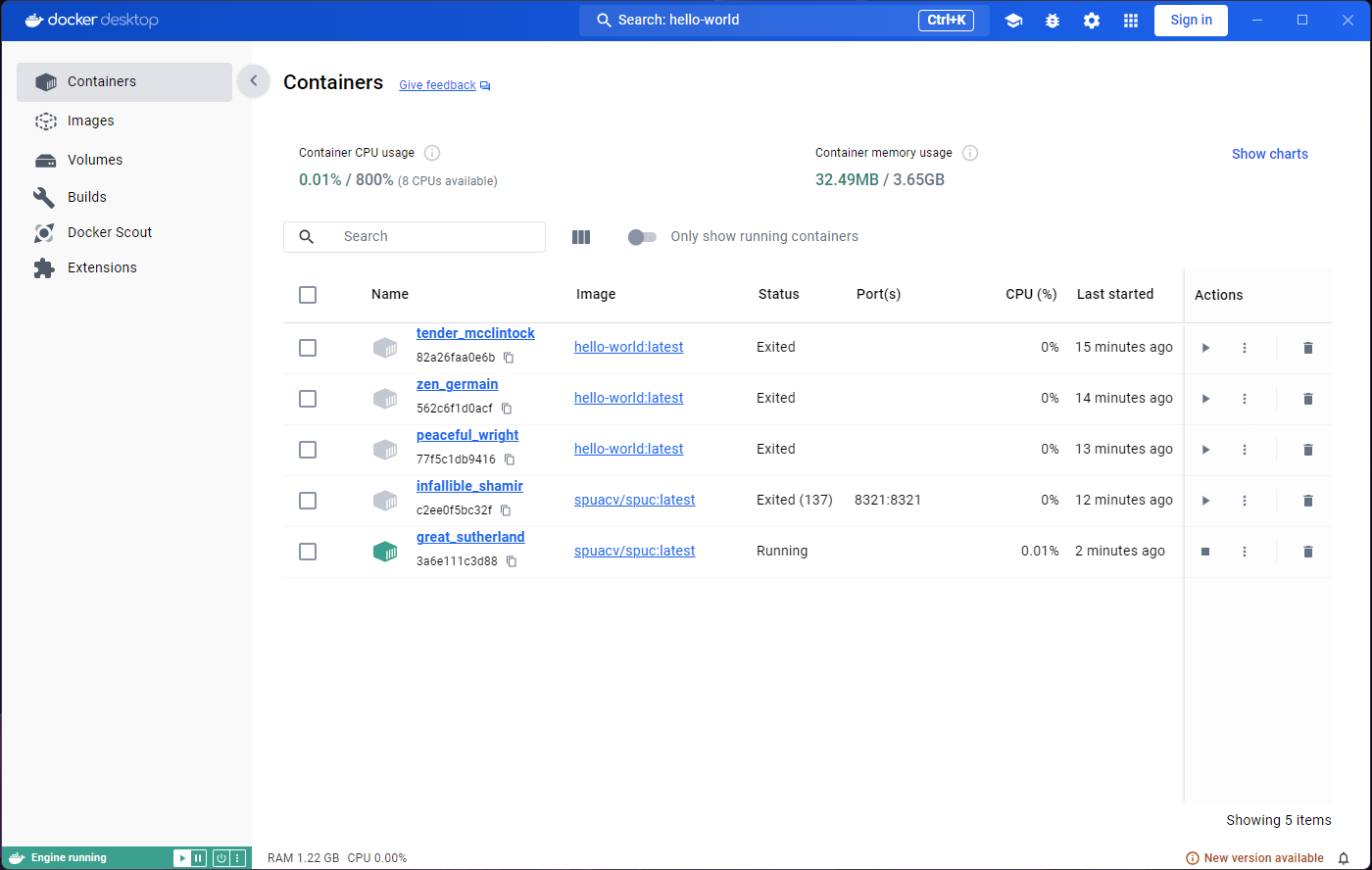 Containers list after new run of spuc image.