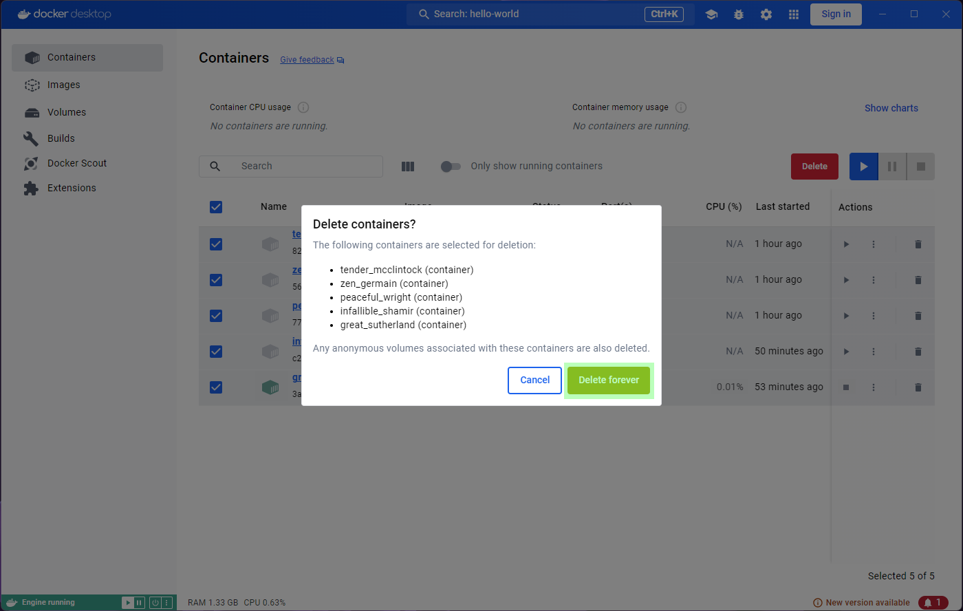 Deleting containers - Step 3