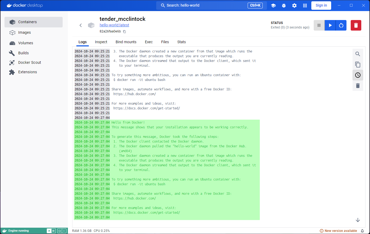 Clicking Start on the already run hello-world container - Step 2