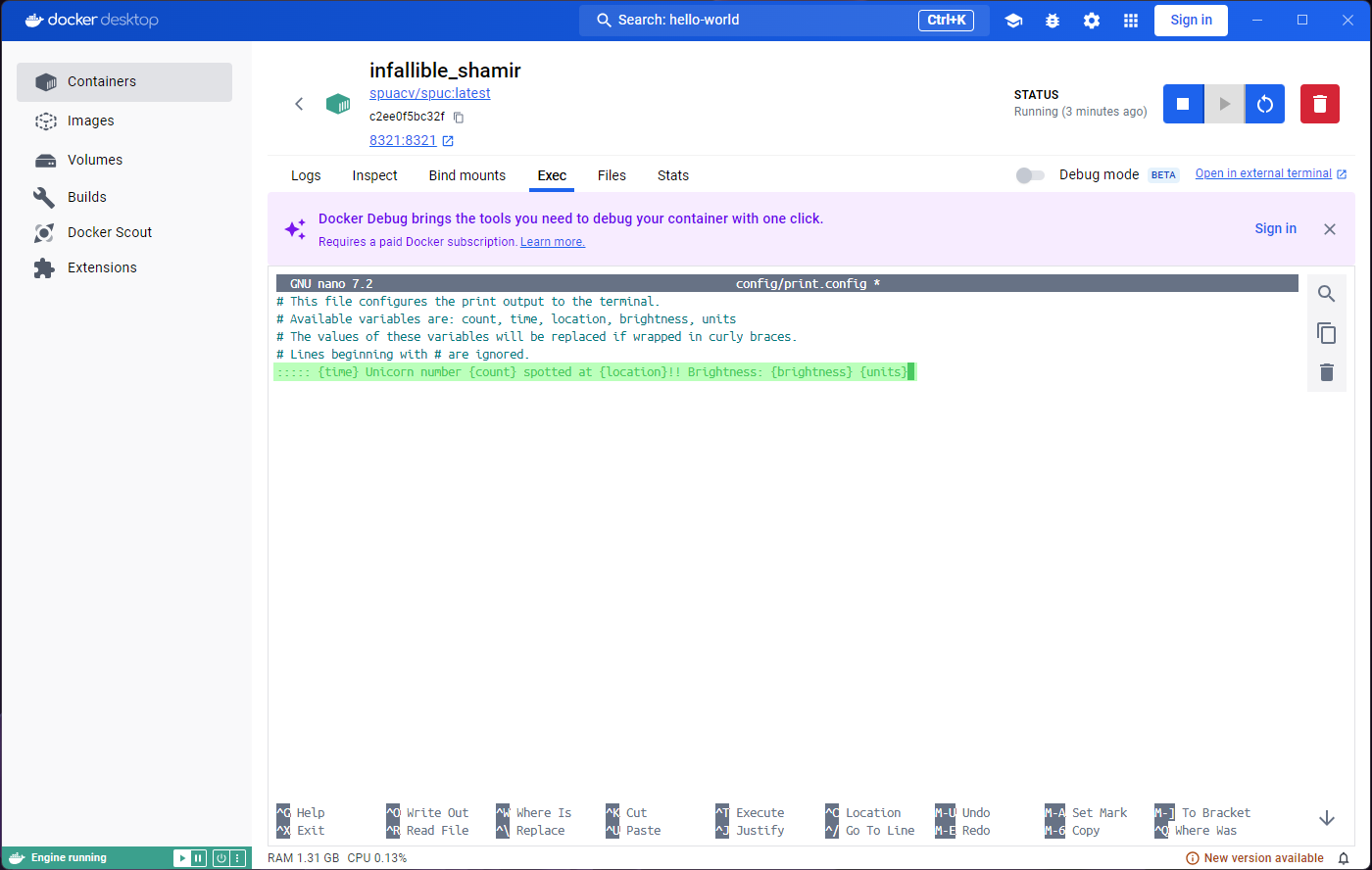 Interacting with spuc terminal in the Exec tab - Step 5