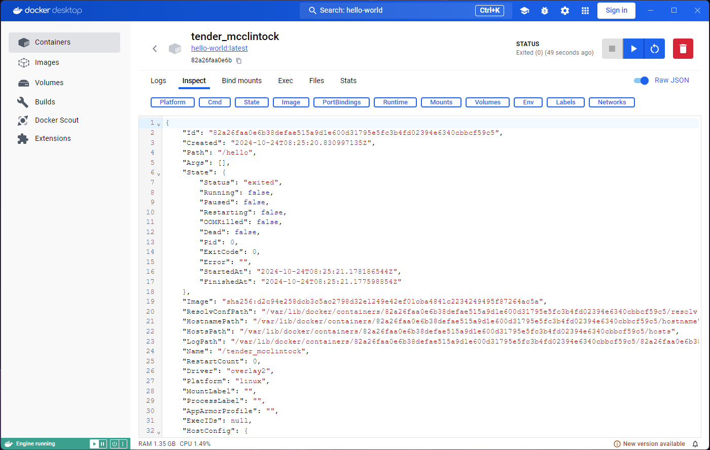 Inspect tab in container from hello-world image.