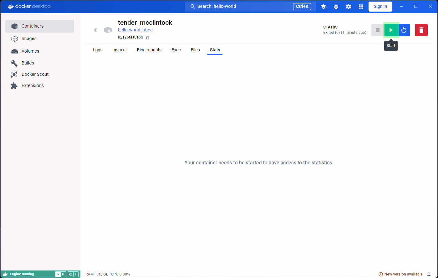 Clicking Start on the already run hello-world container.