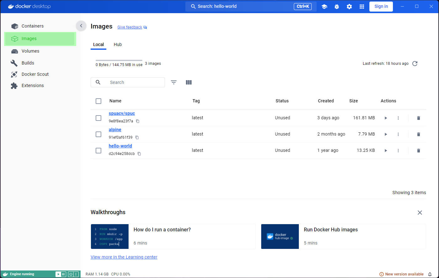 Images list showing spuc, alpine and hello-world.