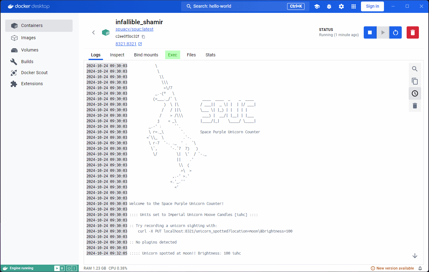 Interacting with spuc terminal in the Exec tab.