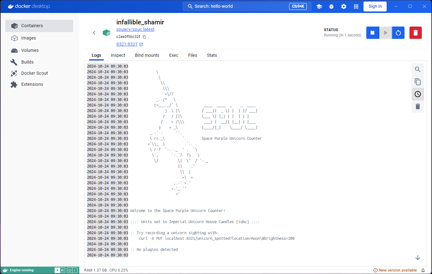 Logs tab in container from spuc image.