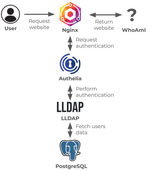 Apperture Services: Showing a user accessing WhoAmI via the web portal, which is protected by Authelia, which authenticates against an LDAP server, which pulls user data from a Postgres database.