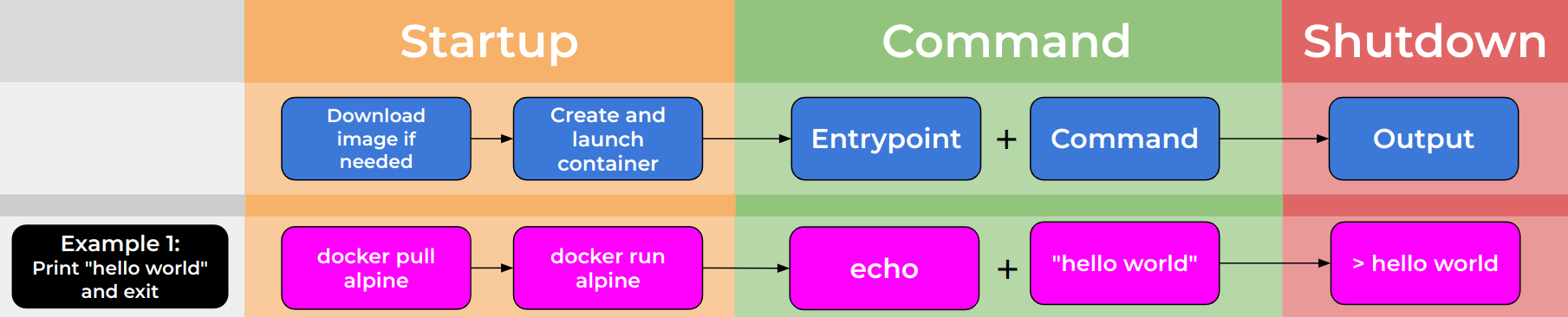 A flowchart showing the lifecycle of a Docker container. with an example