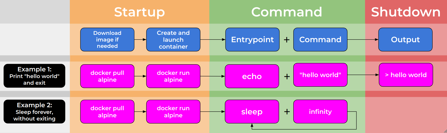 A flowchart showing the lifecycle of a Docker container. with an example