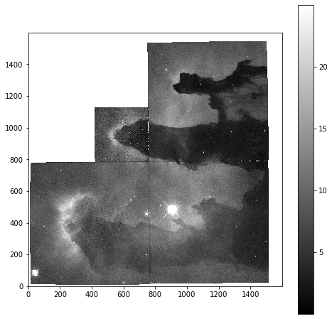 Nebulae image in greyscale, with a photon count limits of greater than 0 and less than 25. Collage of images showing the shape of the nebulae, and removing parts of the image where no data was collected.