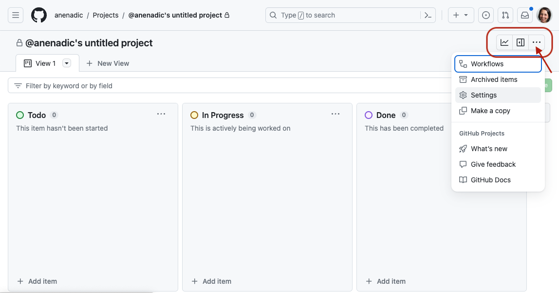 Project board setting in GitHub