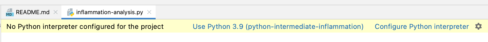 Missing Python Interpreter Warning in PyCharm