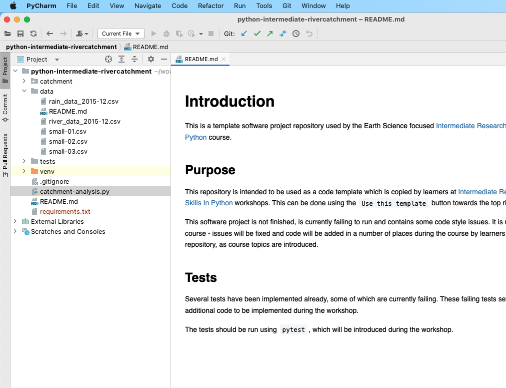 View of an opened project in PyCharm