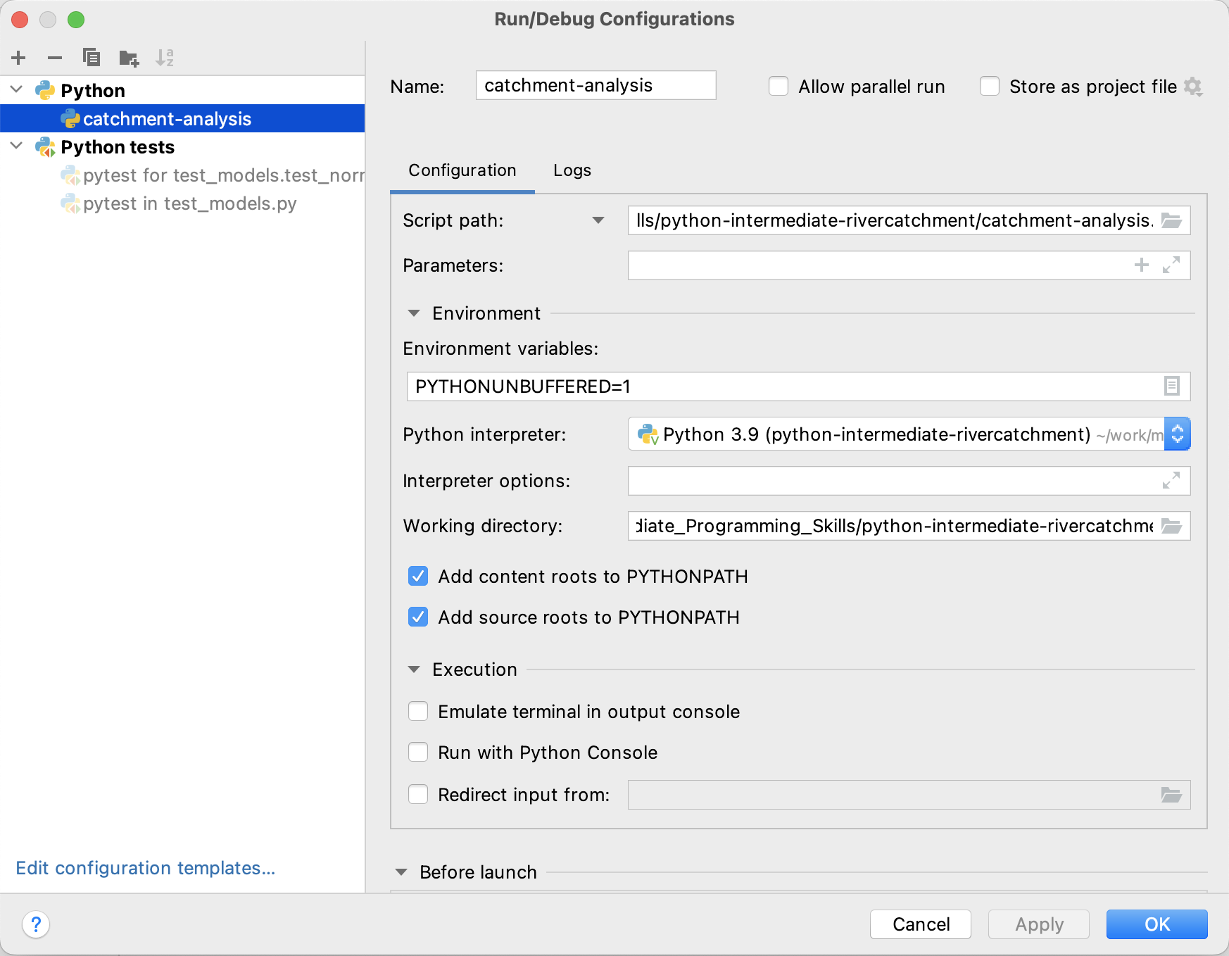 Ensuring testing configurations in PyCharm are correct